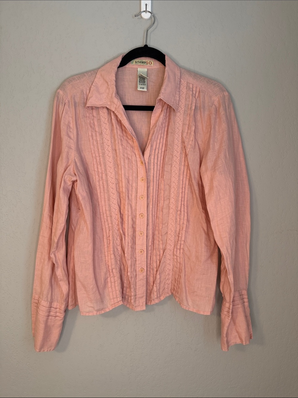 Vintage Linen Pink Pintuck Button-Down Blouse